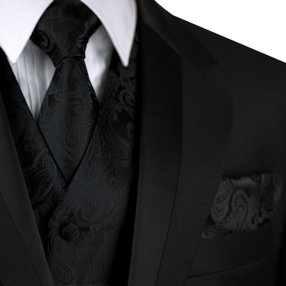 Men's Formal Wedding Prom Homecoming Tuxedo Vest Tie Hankie set - Black Paisley